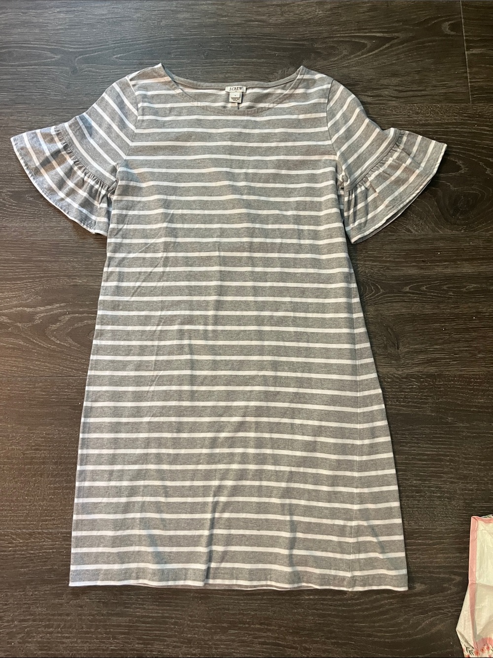 J. Crew Gray and White Striped Ruffle Sleeve Dress